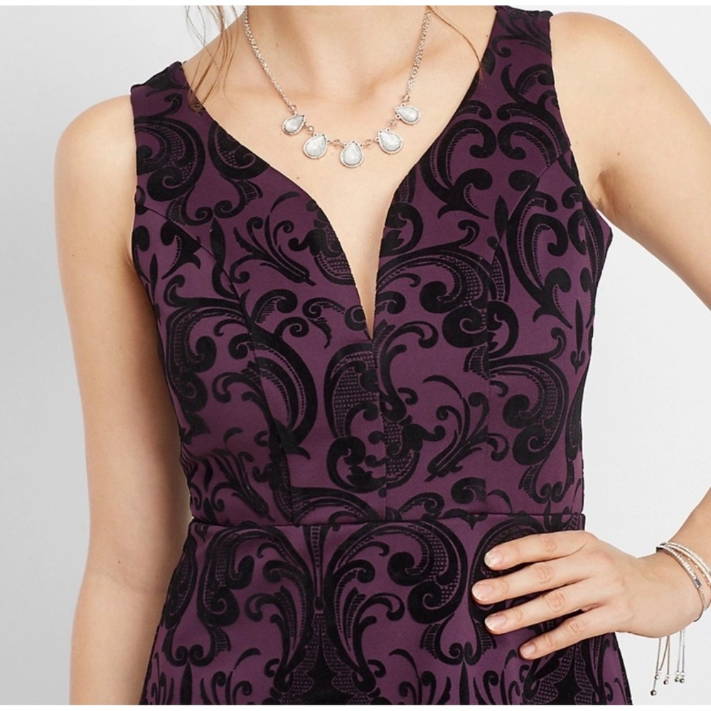 Maurices Damask Velvet Flocked High Low Dress XL Purple Cocktail Dark Romantic
